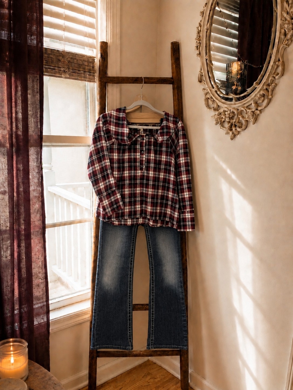 Women’s Burgundy Red Plaid Long Sleeve Top Button Front